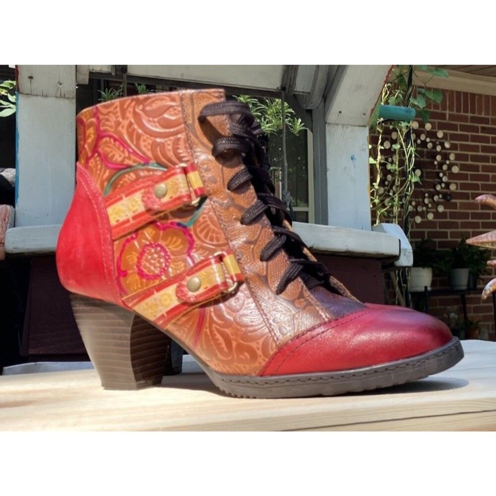 Socofy Women’s Leather Lace-Up Ankle Bootie Buckle Embossed Floral EU 38